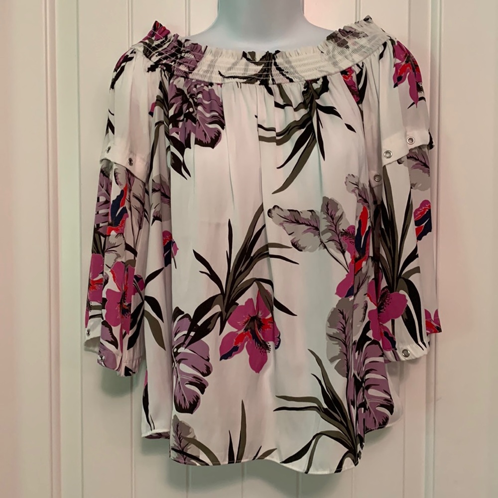 Jennifer Lopez Womens Off the Shoulder White Grey Purple Floral Blouse Size S